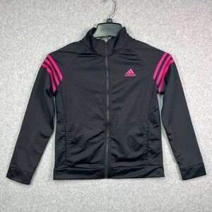 Adidas Track Jacket Girls XL 16 Black Pink 3-Stripes Zip-Up Athletic Sportswear‎